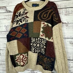 Mens VTG Etchings Neutral Tan Grandpa Pullover Wool Acrylic Heavy Knit Sweater L